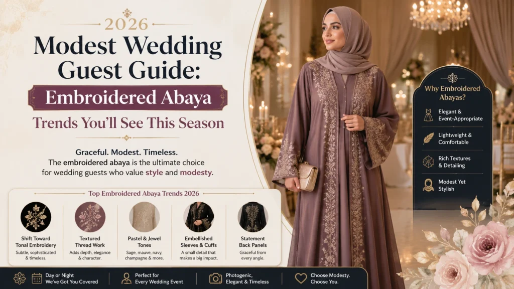 Elegant woman wearing a beautifully embroidered abaya at a wedding venue, showcasing the top embroidered abaya trends for modest wedding guests in 2026.