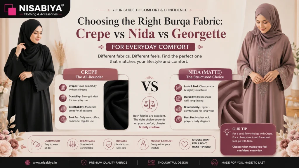 Burqa Fabric Guide: NISABIYA® comparison guide showing Crepe vs Nida vs Georgette burqa fabrics for everyday comfort, breathability, durability, and modest wear.