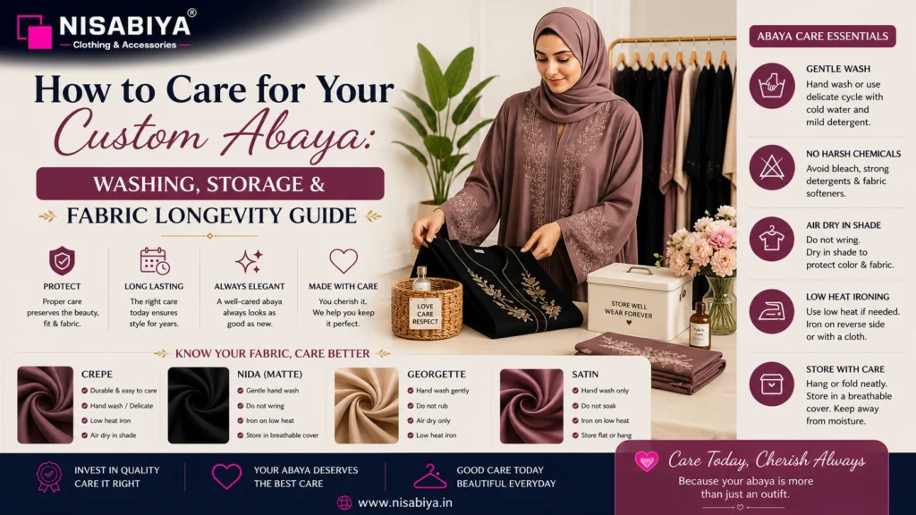 NISABIYA® Custom Abaya Care Guide showing proper washing, storage, ironing, and fabric care tips to maintain the beauty and longevity of custom abayas.