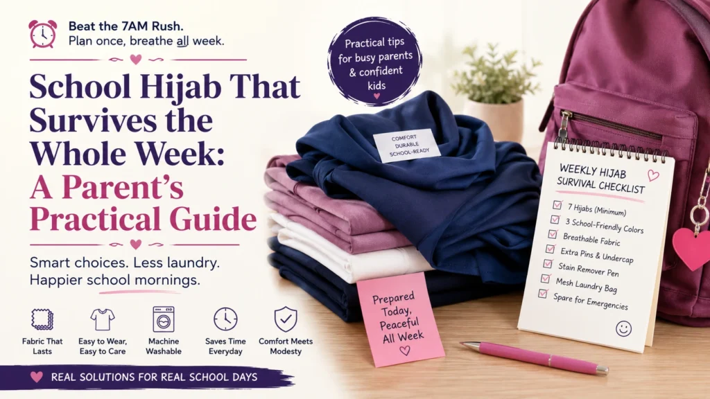 School hijabs for girls neatly packed with a school bag, showcasing durable, breathable, and easy-care hijabs for everyday school wear – parent's practical guide.