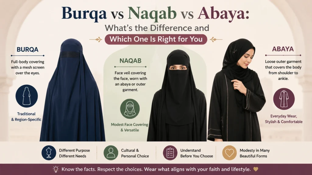 Comparison of Burqa, Naqab, and Abaya showing the key differences in coverage, purpose, and style to help choose the right modest Islamic garment.