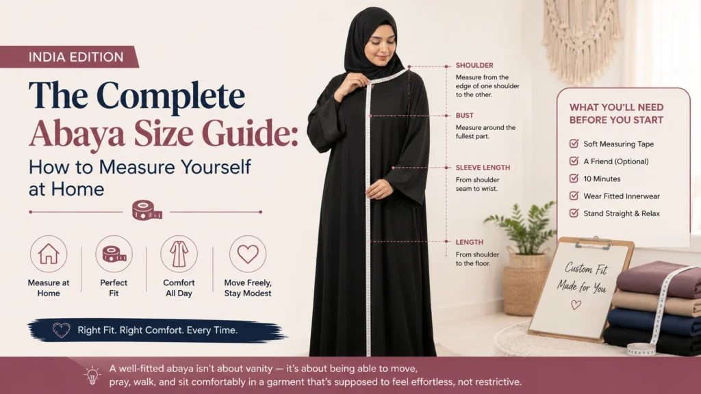 Woman measuring herself for the perfect abaya fit at home using a measuring tape, illustrating the complete Abaya Size Guide for India with key body measurements.