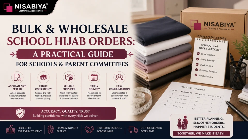 NISABIYA® Wholesale School Hijab Orders guide showing bulk school hijab fabrics, size chart, order checklist, and planning essentials for schools and parent committees.