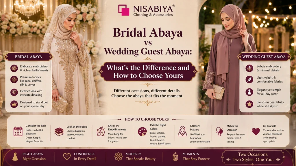 Bridal Abaya vs Wedding Guest Abaya comparison by NISABIYA® showing bridal and guest abaya styles with differences in embroidery, fabrics, colors, and occasion styling.