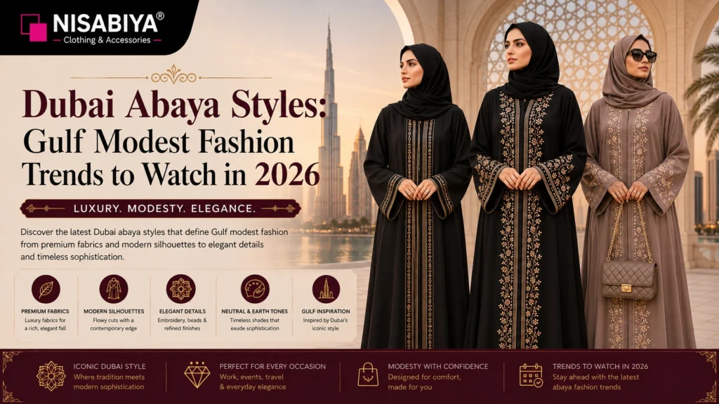 Dubai Abaya Styles by NISABIYA® featuring elegant Gulf-inspired embroidered abayas with premium fabrics, luxurious silhouettes, and modern modest fashion trends for 2026.