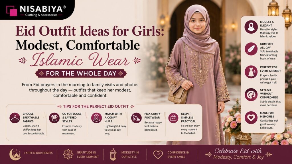 Eid Outfit Ideas for Girls featuring a modest embroidered Islamic outfit with matching hijab for a stylish, comfortable, and festive Eid celebration by NISABIYA®.