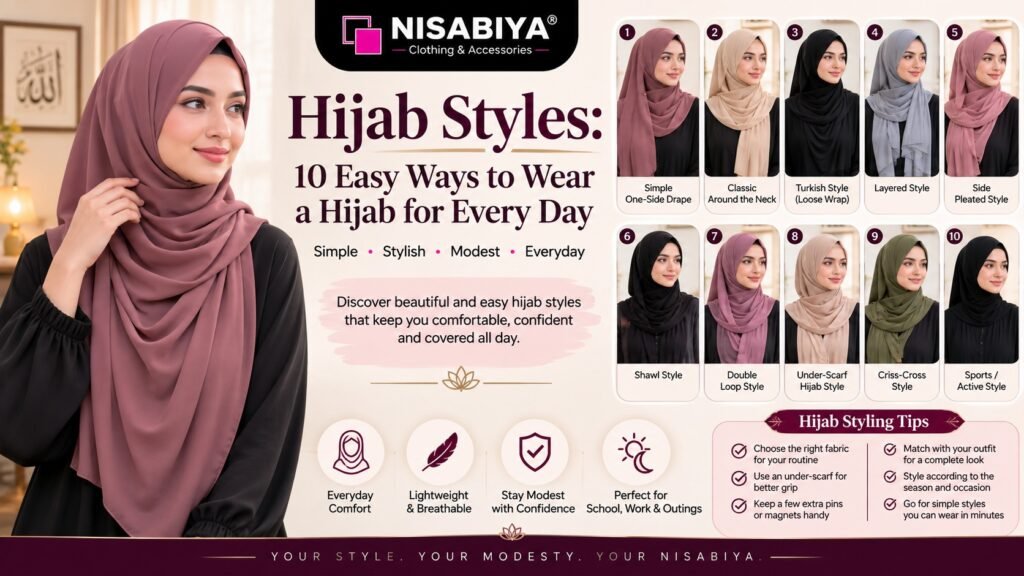 Hijab Styles guide by NISABIYA® showcasing 10 easy everyday hijab styles for women, featuring modern wraps, breathable fabrics, and modest fashion inspiration.
