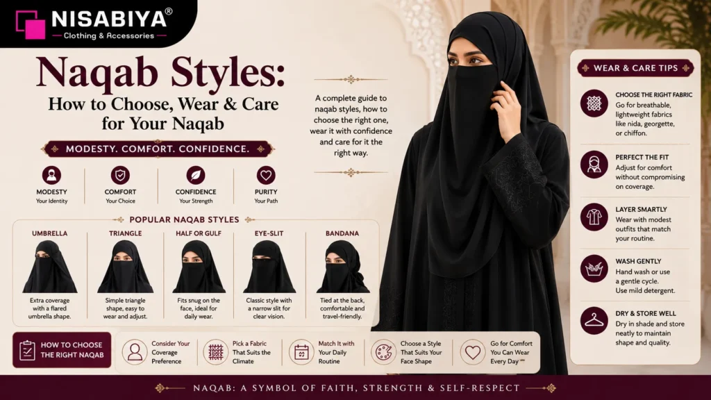 Naqab Styles guide by NISABIYA® showcasing popular naqab styles, wear and care tips, breathable fabrics, and modest everyday styling for Muslim women