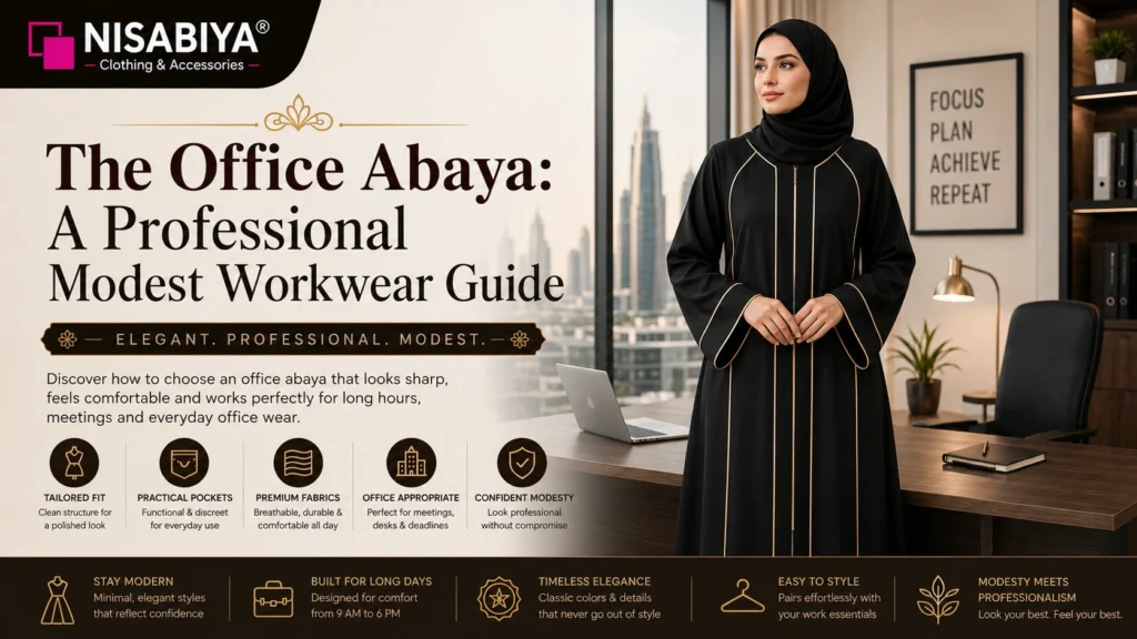 Office Abaya by NISABIYA® featuring a tailored black professional abaya with symmetrical piping, premium fabric, and elegant modest office styling for working women.