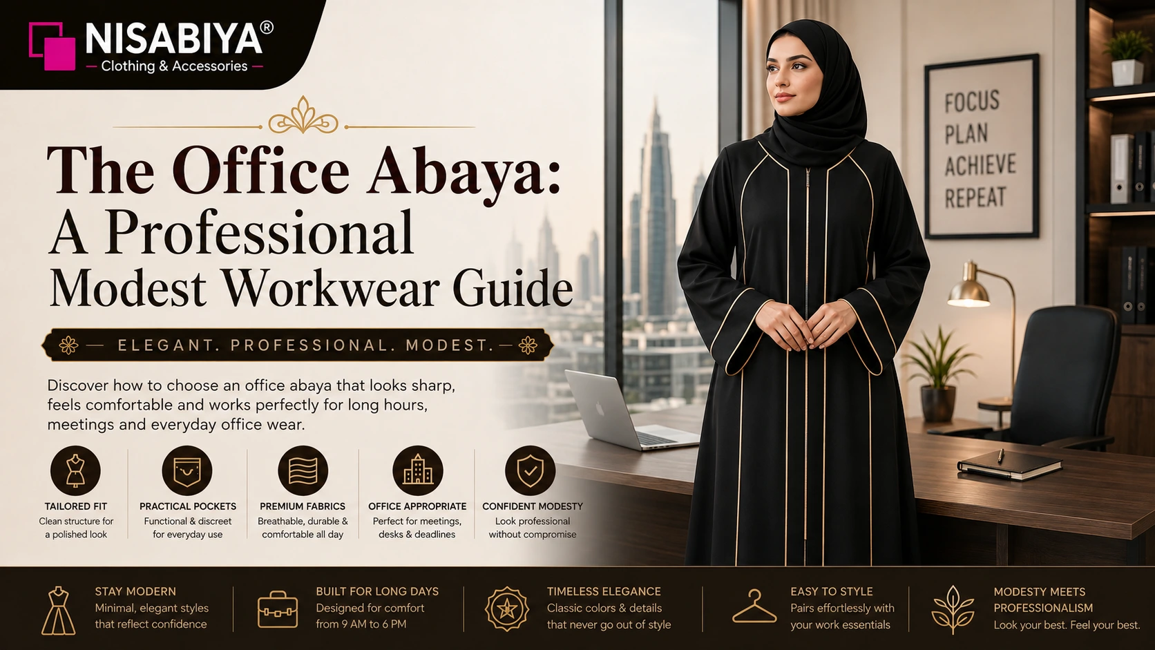 Office Abaya by NISABIYA® featuring a tailored black professional abaya with symmetrical piping, premium fabric, and elegant modest office styling for working women.