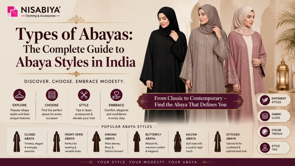 Types of Abayas guide by NISABIYA® featuring popular abaya styles in India including closed, front-open, kimono, butterfly, kaftan, and stitched abayas.