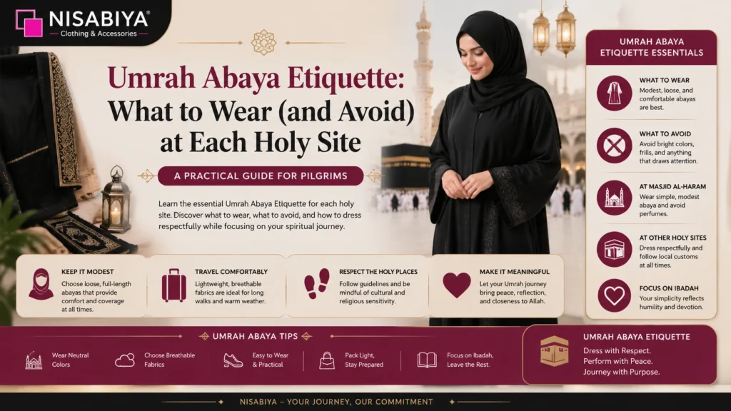 NISABIYA® Umrah Abaya Etiquette guide explaining what to wear and avoid at each holy site, including Masjid al-Haram, Tawaf, and general modest dressing guidelines for pilgrims.
