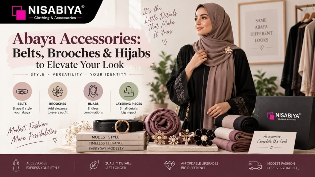 Abaya Accessories including belts, brooches, hijabs and layering pieces by NISABIYA®