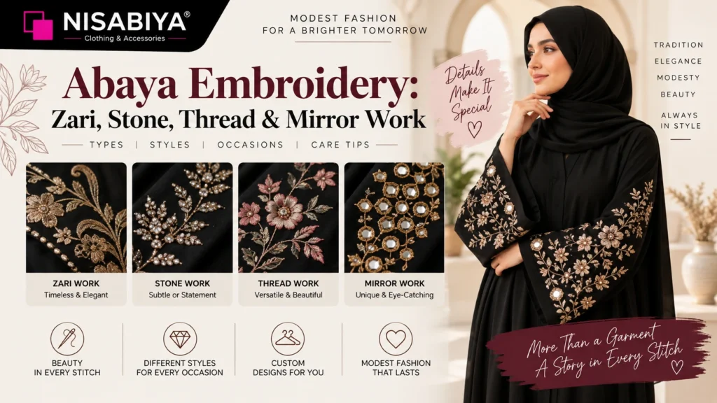 Abaya embroidery featuring zari, stone, thread and mirror work