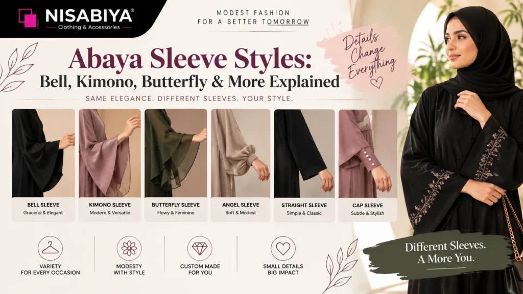 Abaya sleeve styles including bell, kimono, butterfly, angel, straight and cap sleeves