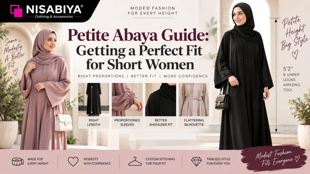 Petite abaya guide showing perfect fit and styling for short women