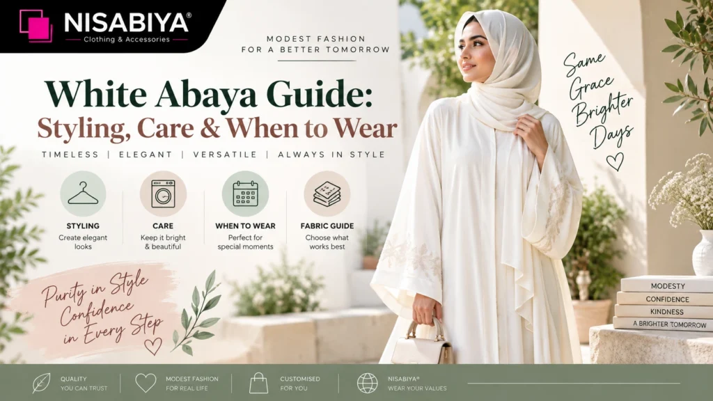 White abaya styling, care and wearing guide by NISABIYA®