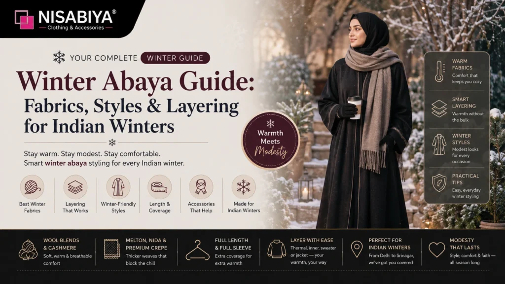 Winter abaya guide showing warm fabrics, modest styles and layering for Indian winters
