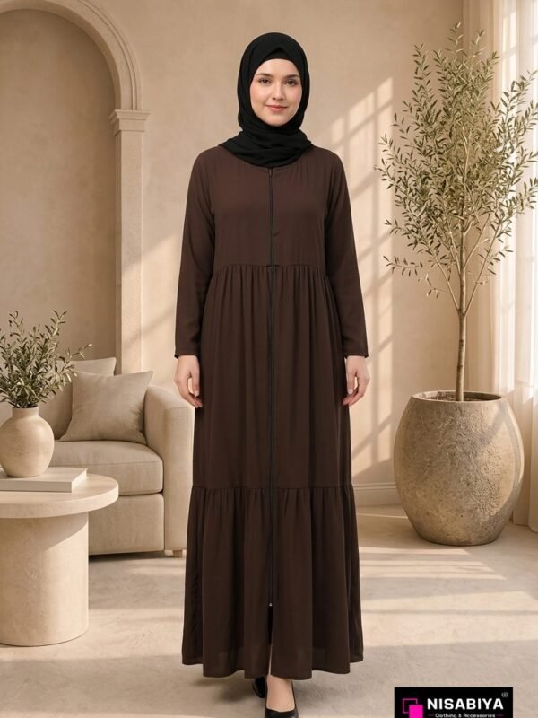 Brown Tiered Flared Abaya | Premium Modest Maxi Dress for Women | NISABIYA® — Custom Custom Abaya India | Nisabiya® — Custom Custom Abaya India | NISABIYA®