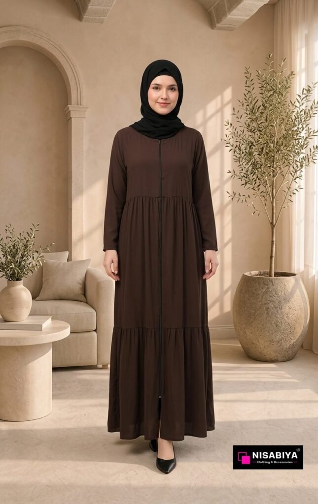 Brown Tiered Flared Abaya | Premium Modest Maxi Dress for Women | NISABIYA® — NISABIYA® Custom Abaya India
