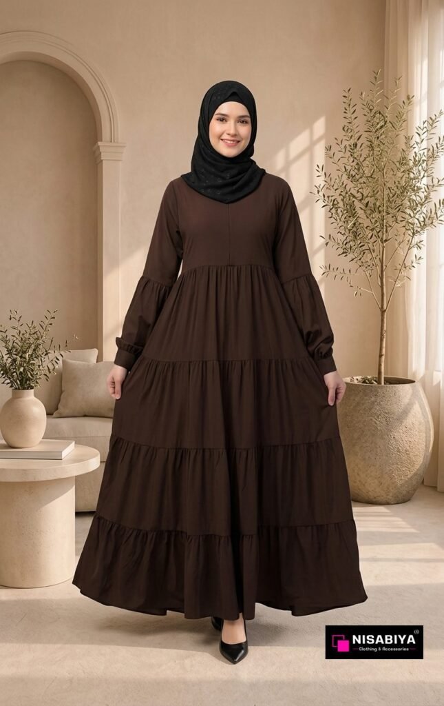 Brown Tiered Flared Abaya | Premium Modest Maxi Dress for Women | NISABIYA® — Custom Custom Abaya India | Nisabiya®