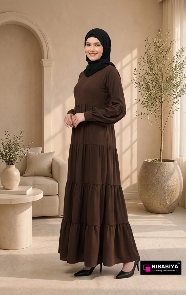 Brown Tiered Flared Abaya | Premium Modest Maxi Dress for Women | NISABIYA® — Custom Custom Abaya India | Nisabiya®