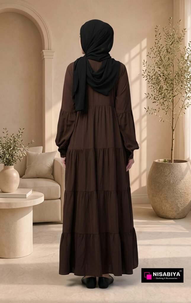 Brown Tiered Flared Abaya | Premium Modest Maxi Dress for Women | NISABIYA® — Custom Custom Abaya India | Nisabiya®